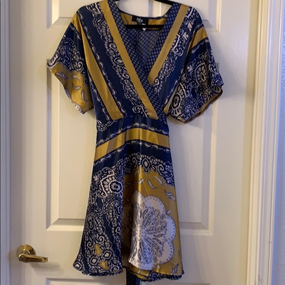 Navy & Gold Faux Wrap Mini Dress